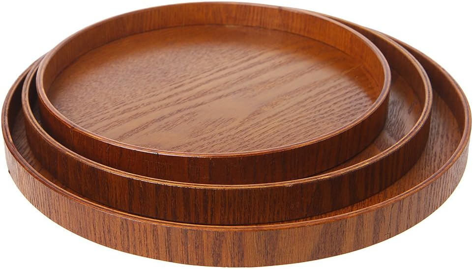 FKY Natural Wooden Round Plate Tea Fruit Food Bakery Tray Plate Serving Plate New, Wood, Brown, 27 cm