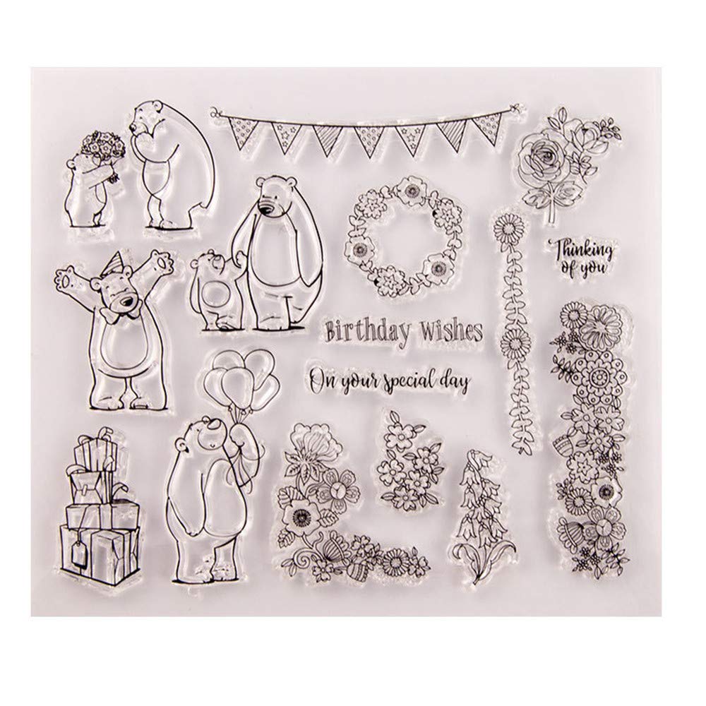 arriettycraft Thinking of You Mother's Day Happy Birthday Wishes Floral Bear Clear Stamps for Card Making Decoration and DIY Scrapbooking