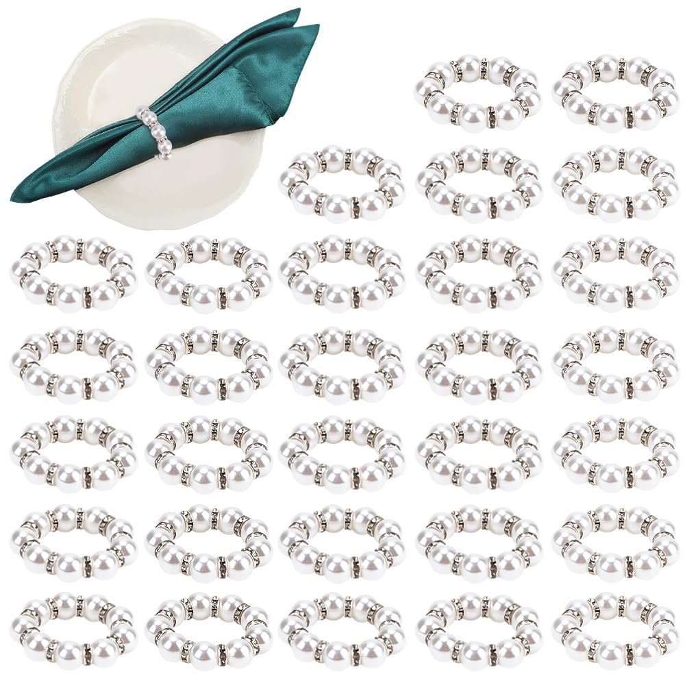 Pearl Napkin Rings, 30PCS Wedding Napkin Rings Buckles Serviette Rings Stretched Rhinestone Napkin Ring Holder, Napkin Buckles Table Decor for Dinner Candlelit Banquet Festival Party Thanksgiving