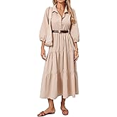 Women Button Down Maxi Shirt Dress Long Sleeve Flowy Tiered Collared Dresses with Pockets