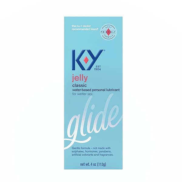 K-Y JELLY PERSONAL LUBRICANT, BODY-FRIENDLY WATER-BASED FORMULA, SAFE FOR ANAL SEX, SAFE TO USE WITH LATEX CONDOMS. GLIDE INTO A WETTER, BETTER EXPERIENCE EVERY DAY. FOR MEN, WOMEN, COUPLES, 4 FL OZ