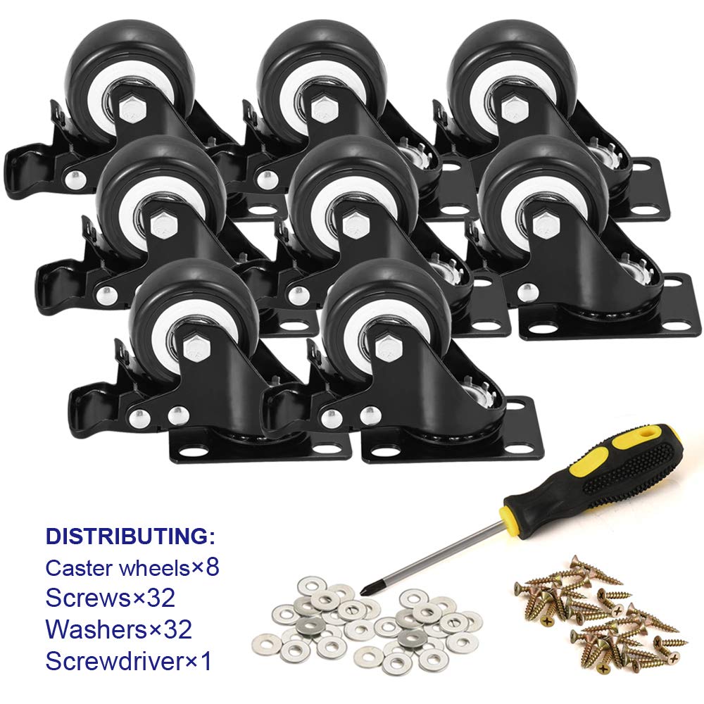 BOSGEOT 2" Caster Wheels, Heavy Duty Casters with Brake Set of 8, Locking Casters with 360 Degree No Noise Polyurethane (PU) Wheels, Swivel Plate Castors Pack of 8