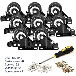 BOSGEOT 2" Caster Wheels, Heavy Duty Casters with Brake Set of 8, Locking Casters with 360 Degree No Noise Polyurethane (PU) Wheels, Swivel Plate Castors Pack of 8