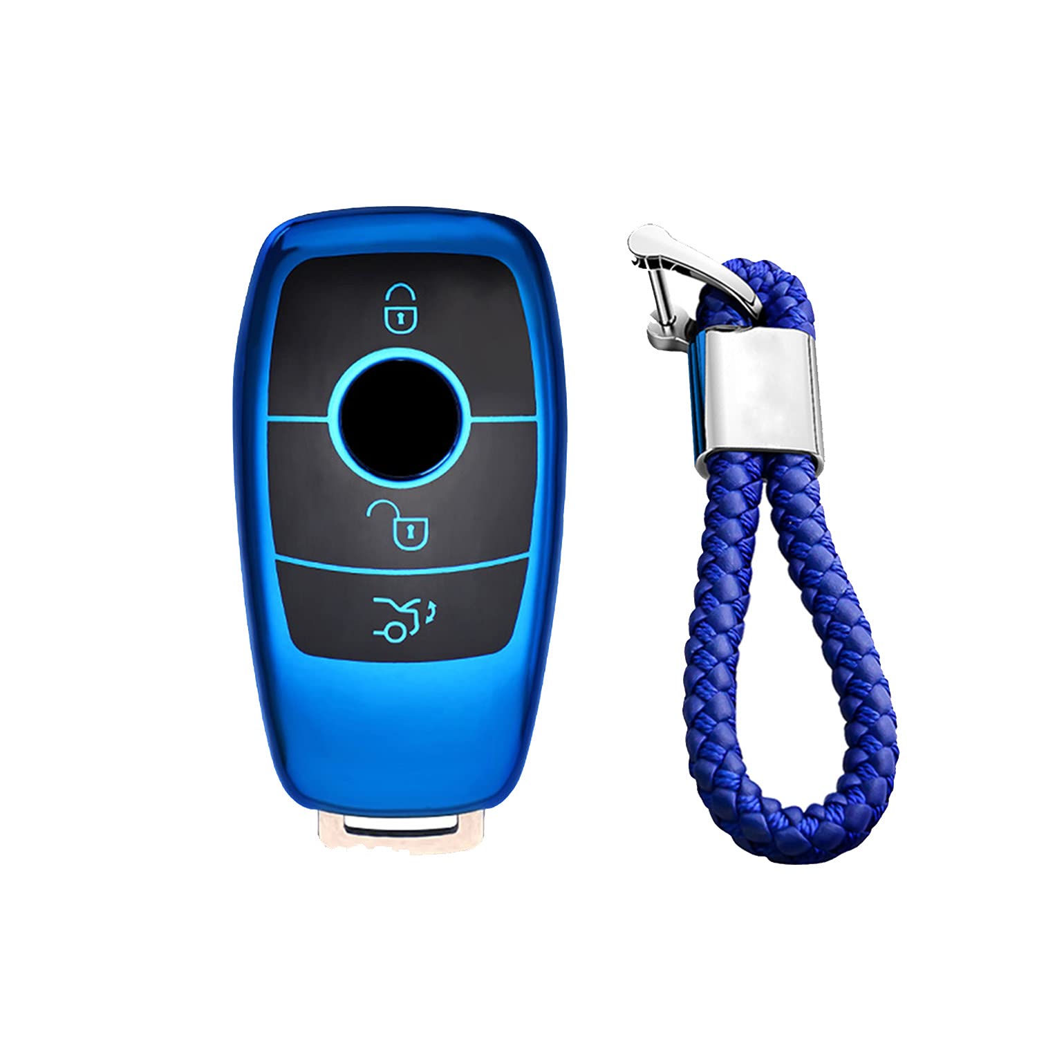 M.JVisun Soft TPU Case Cover Protector Car Remote Key Fob Case For Mercedes-Benz 2019-2022 A Class C Class G Class 2017-2022 E Class 2018-2021 S Class Fob Remote Key - Glossy Blue - Braided Keychain