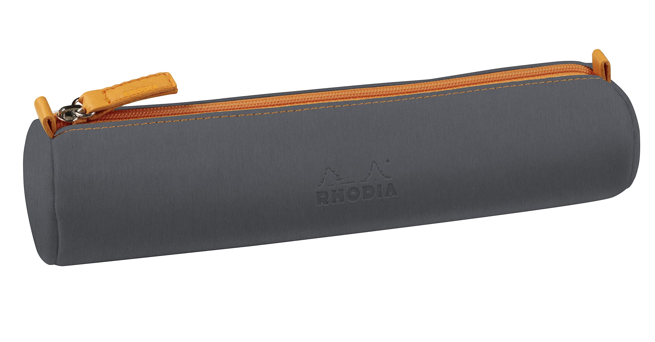 RHODIA 319046C - Rhodiarama Titanium Round Pencil Case - 21.5 x 5.5 cm - Genuine Orange Stitching - Ivory Jersey Interior - Faux Leather - Storage for Pens, Pencils, Markers, Small Supplies