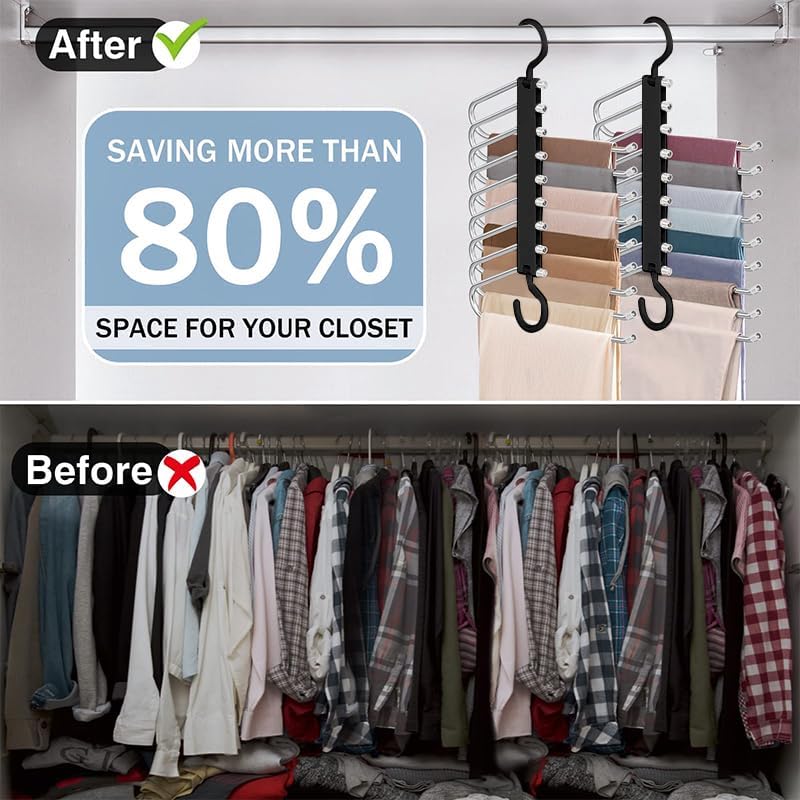 WEKIWGOT 9 in 1 Trouser Hangers, 2 Pieces Multifunctional Space Saving Rack Hanger for Organizing Closets, Trousers for Women and Men, Jeans, Bras, Scarves and Ties (Black)
