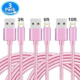 Qipima cdy-357 Lightning Cable, Charger Cable 3Pack 3FT/6FT/10FT to USB Syncing and Charging Cable Data Nylon Braided Cord for iPhoneX/8/8Plus/7/7 Plus/6/6 Plus/6s/6s Plus/5/5s and more(Pink)