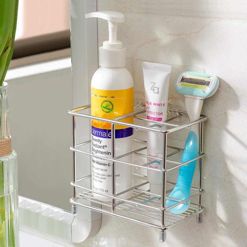 YONGJIE Stainless Steel Bathroom Toothbrush Holder Toothpaste Holder Stand, Wall-Mounted or Countertop Multi-Function Bathroom Storage Rack with Powerful Self-Adhesive: Home & Kitchen