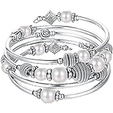 PEARL&CLUB Beaded Chakra Bangle Turquoise Bracelet - Fashion Jewelry Wrap Bracelet with Thick Silver Metal and Mala Beads, Birthday Gifts For Women