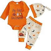 SYOKUP My First Baby Boy Halloween Outfit Newborn Pumpkin Ghost Embroidery Romper Bodysuit Pants Hat Set 3cps Clothes