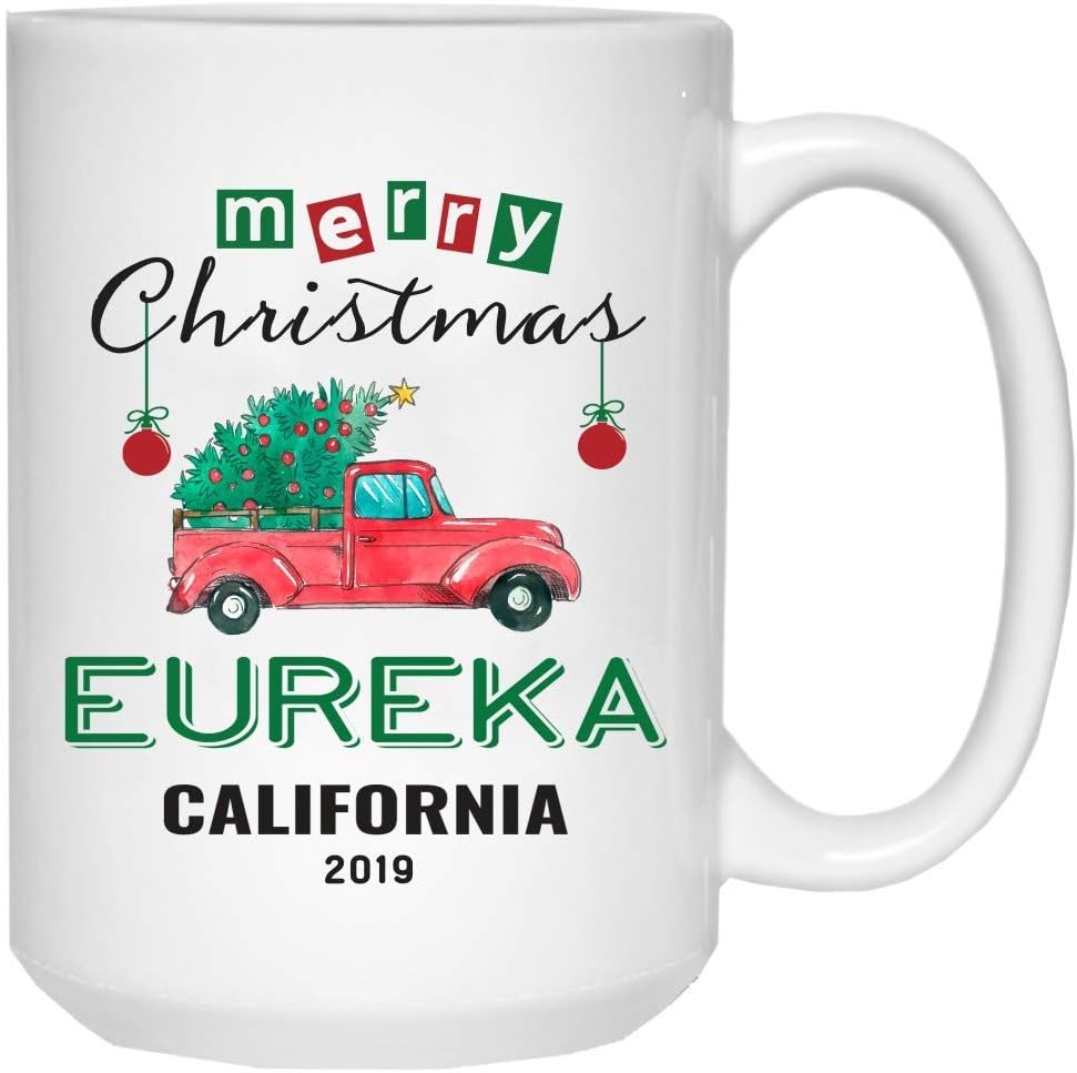 Funny Christmas Gift Idea Coffee Mug Merry Christmas Eureka California US Any State Funny Coffee Cup Unique Coffee Mugs Long Distance Family Xmas Gifts Holiday Ceramic 15oz White