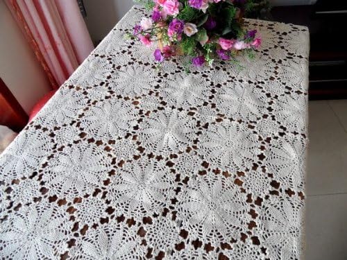 DIAIDI Handmade Crocheted Tablecloth Hollow out Rectangular Table Covers Beige Hook Flower Wedding Dining tablecloth Vintage Rural Tablecloths (45.2"*59")