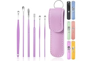PPIOOY 6 Pcs Ear Pick Ear wax Removal Kit Cleansing Tool Set Curette Cleaner 360° Spiral Design Canal Cleaner Stainless Steel,with a Storage Box Portable Kit for Home and Travel(Purple) 11.7*2.8*2cm