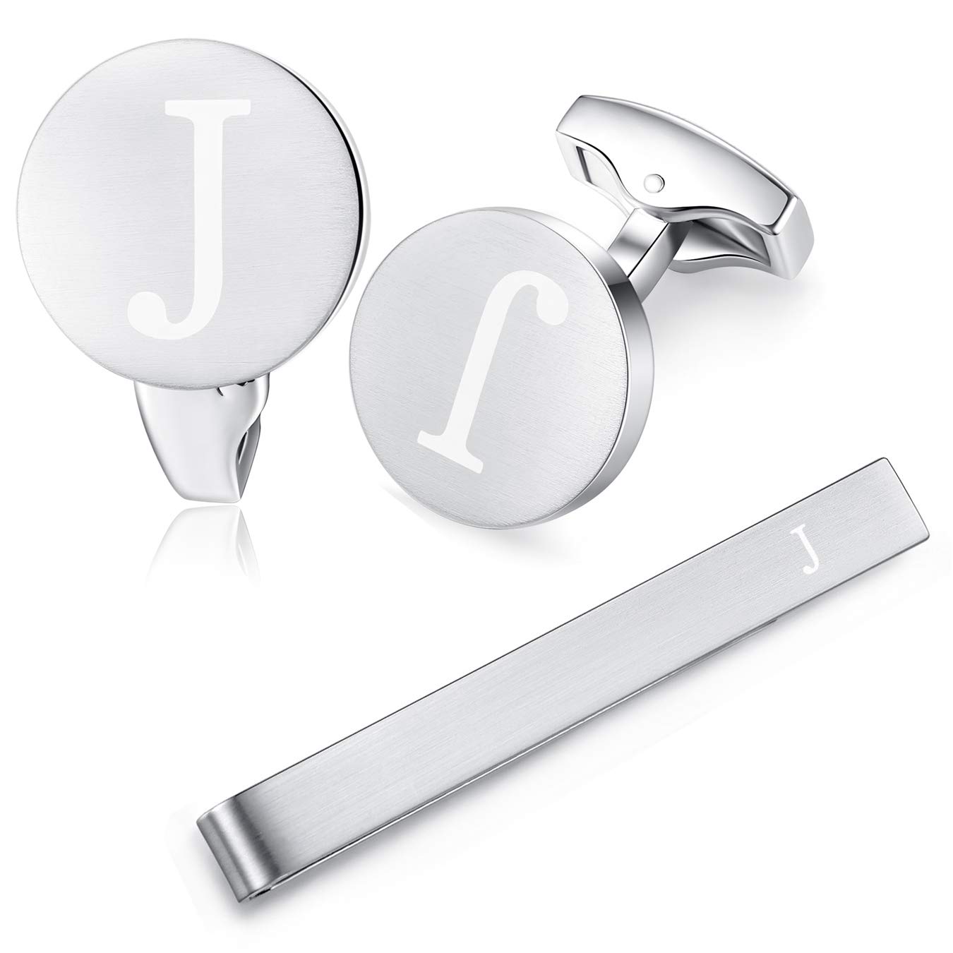 HONEY BEAR Initial Alphabet Letter Cufflinks Tie Clip Set for Mens - Brushed Silver Round Stainless Steel, for Business Wedding Gift,5.4cm (J)