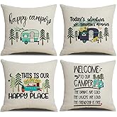 NYDECOR Happy Camper Pillow Covers Camping Our Happy Place Adventure Throw Pillow Case Cotton Linen Pillowcase Cushion Covers for Rv Trailer Couch Sofa Bed 18x18 Set of 4