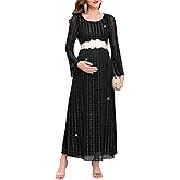 AISWI Maternity Sparkly Mesh Dress Bell Long Sleeve Round Neck A Line Flowy Pregnancy Dresses Baby Shower Semi Formal