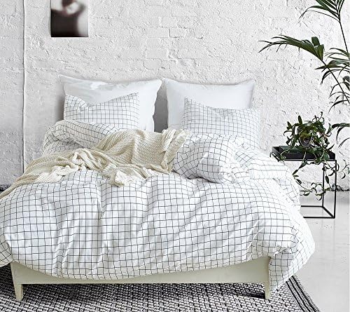 SANMADROLA Modern Mini Black And White Grid Plaid Checkered Pattern 3 Piece Whtie Duvet Cover Sets With Zipper Closure Mini Grid King