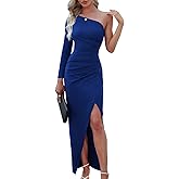 Sarin Mathews Womens One Shoulder Long Sleeve Cocktail Dresses Sexy Bodycon Ruched Wrap Split Party Formal Long Dress