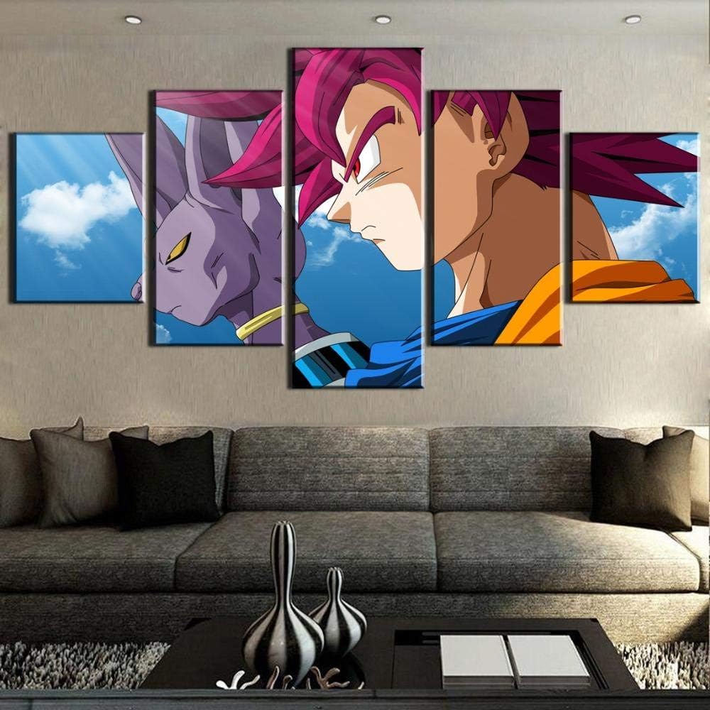 XYZNB Prints on Canvas Wall Art Painting 5 Pieces Beerus Super Saiyan God Goku Dragon Ball Z Battle Picture Canvas Painting No Frame (Size 3)