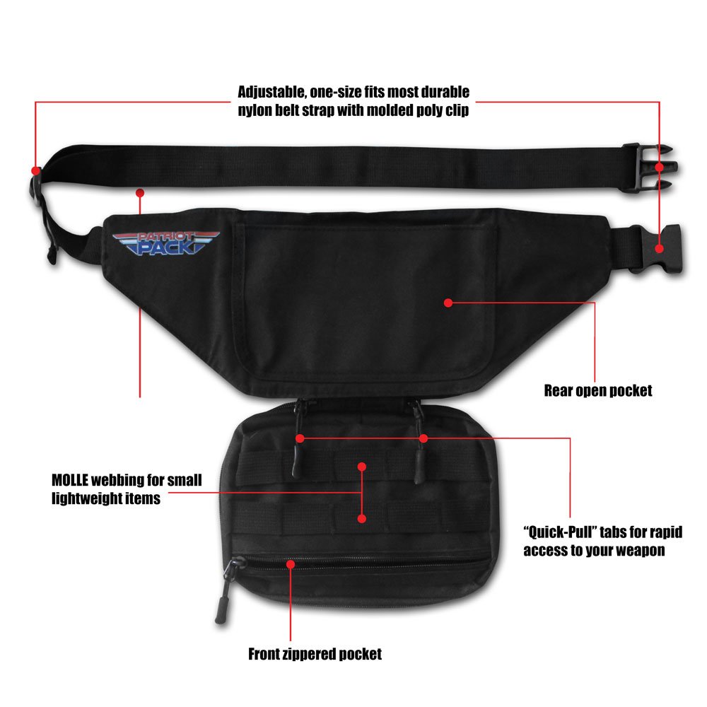 Patriot Pack Tactical Pistol Pack for Concealed Carry. This Black Nylon Light Weight Fanny Pack for Guns has a Compartment with Adjustable Holster for Compact and Subcompact Pistols.