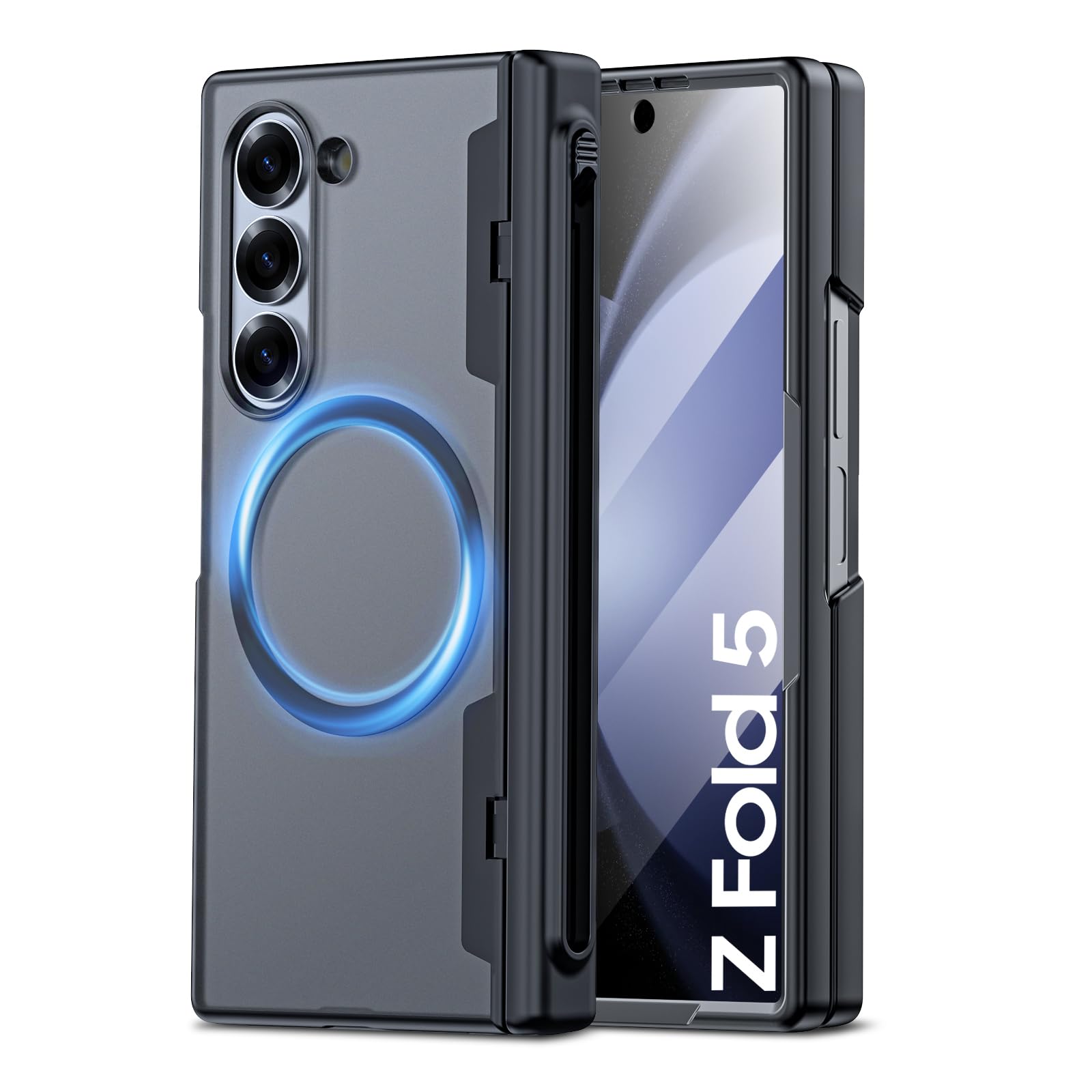 Spugan for Samsung Galaxy Z Fold 5 Case with MagSafe, [Screen Protection] [Hinge Protection] [S Pen Holder ] Translucent Strong Magnetic Shockproof Case for Galaxy Z Fold 5 (HD-Matte Black)