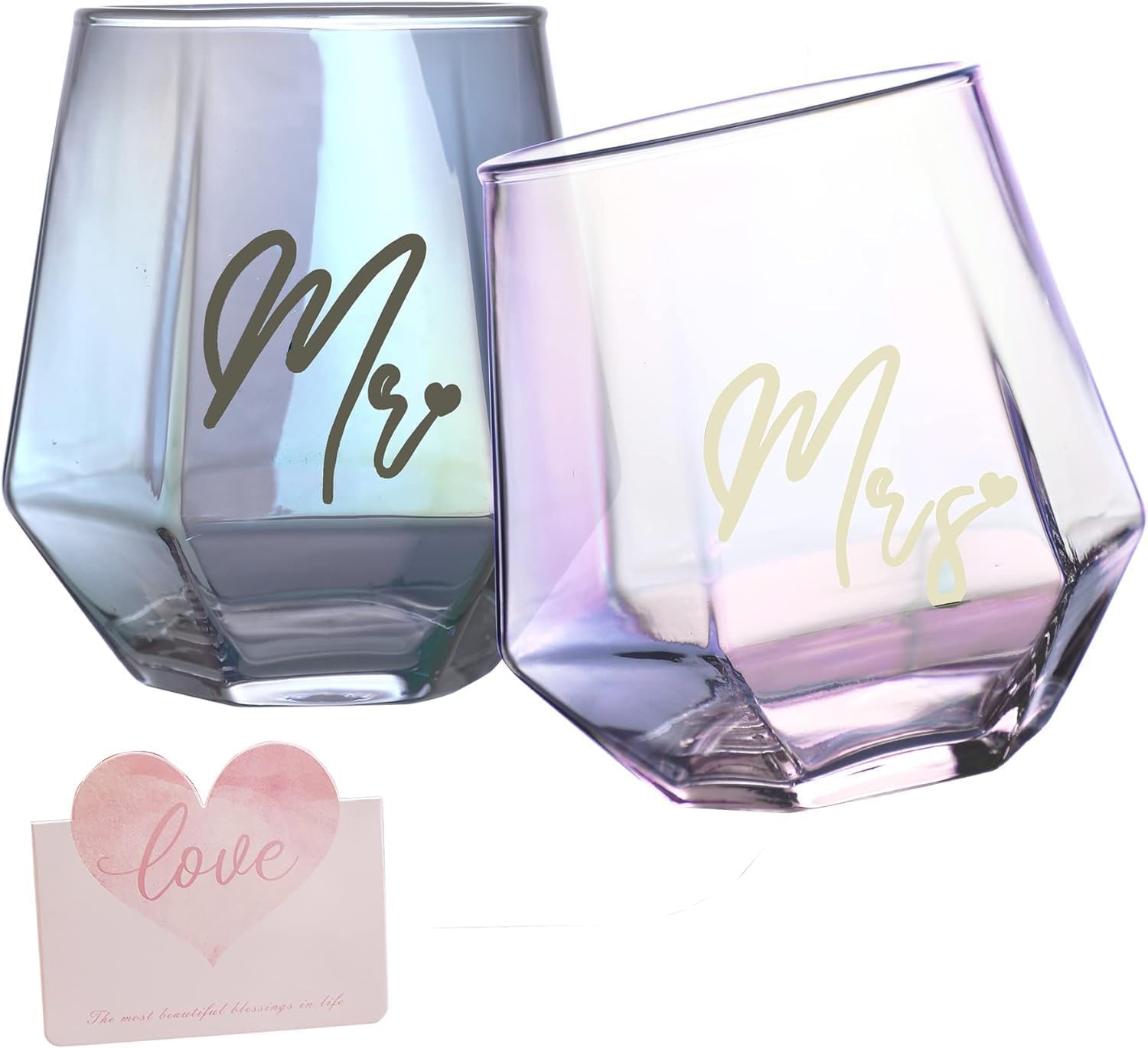 Yalucky Iridescent Wine Glasses Gifts, Mr and Mrs Wedding Engagement Gifts for Couples, Bridal Shower Gift, Anniversary Present for His and Hers, Unique Personalized Gift for Bride and Groom