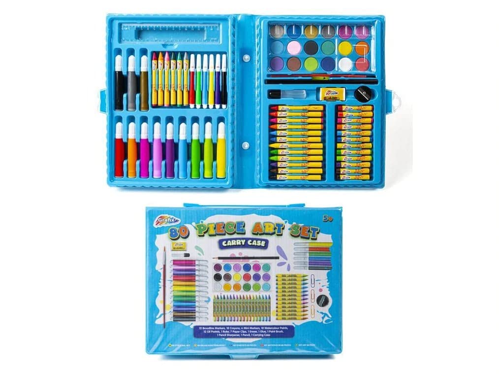 80 Piece Childrens Art Set & Carry Case Grafix Pencils Crayons Paints, Multicolour