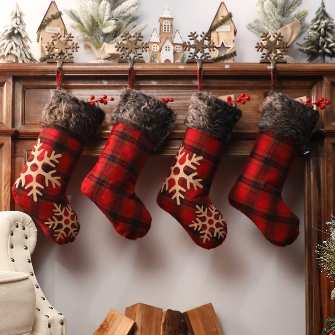 Stockings & Holders - Ivenf Christmas Stockings, 4 Pcs 18 inches Burlap with Large Plaid Snowflake and Plush Faux Fur Cuff Stockings, for Family Holiday Xmas Party Decorations