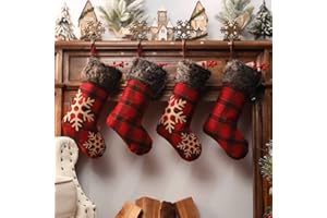 Ivenf Christmas Stockings, 4 Pcs 18 inches Burlap with Large Plaid Snowflake and Plush Faux Fur Cuff Stockings, for Family Holiday Xmas Party Decorations