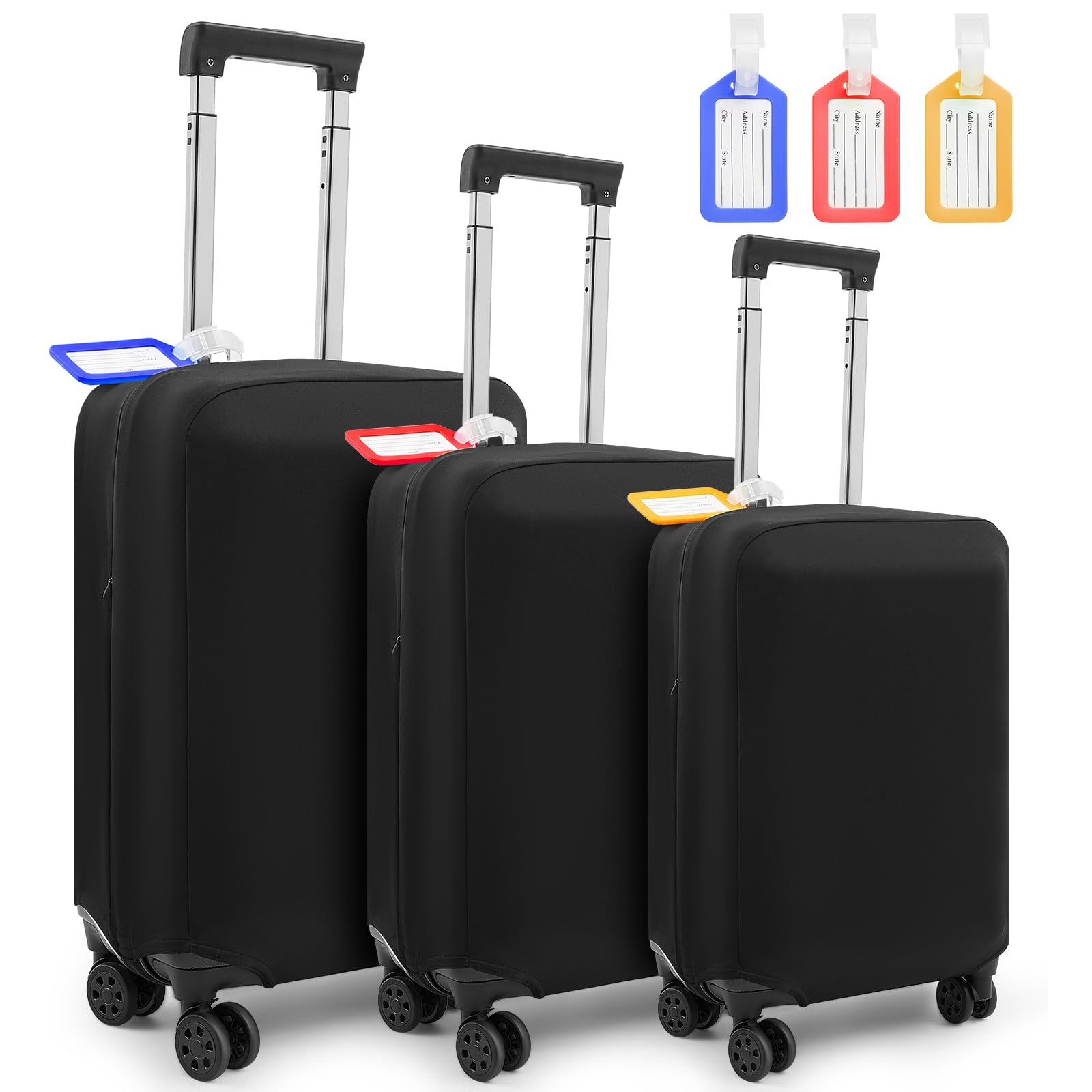 Photo 1 of Paterr 3 Pieces Luggage Cover Travel Suitcase Protector Anti Scratch with 3 Pcs Plastic Luggage Tags 20/24/ 28 Inch Suitcase Cover Protector Washable Fits 18 to 28 Inch 3 Sizes, black