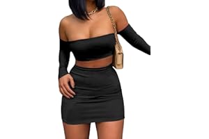 MSLG Women's Summer Two-Piece Skirt Sets Sexy Off Shoulders Top Y2K Going Out Short T-Shirt Sets Mini Dress Outfits D293
