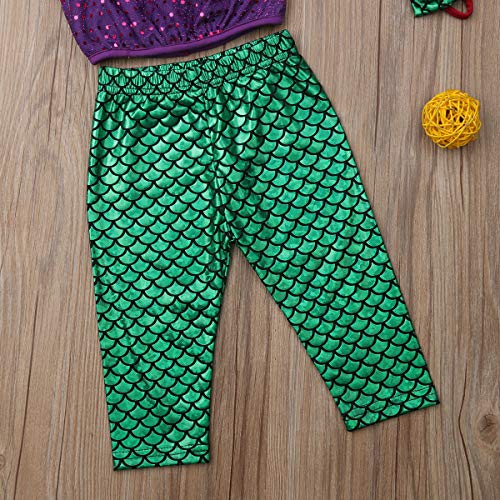 Toddler Baby Girls Mermaid Outfits Set Off Shoulder Ruffle Crop Tops Fish Long Leggings Pants with Headband 3-4T
