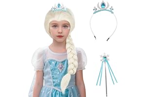 Aicos Princess Blonde Ponytail Braid Cosplay Wig for Girls Kids with Crown Headband and Wand for Halloween Costume
