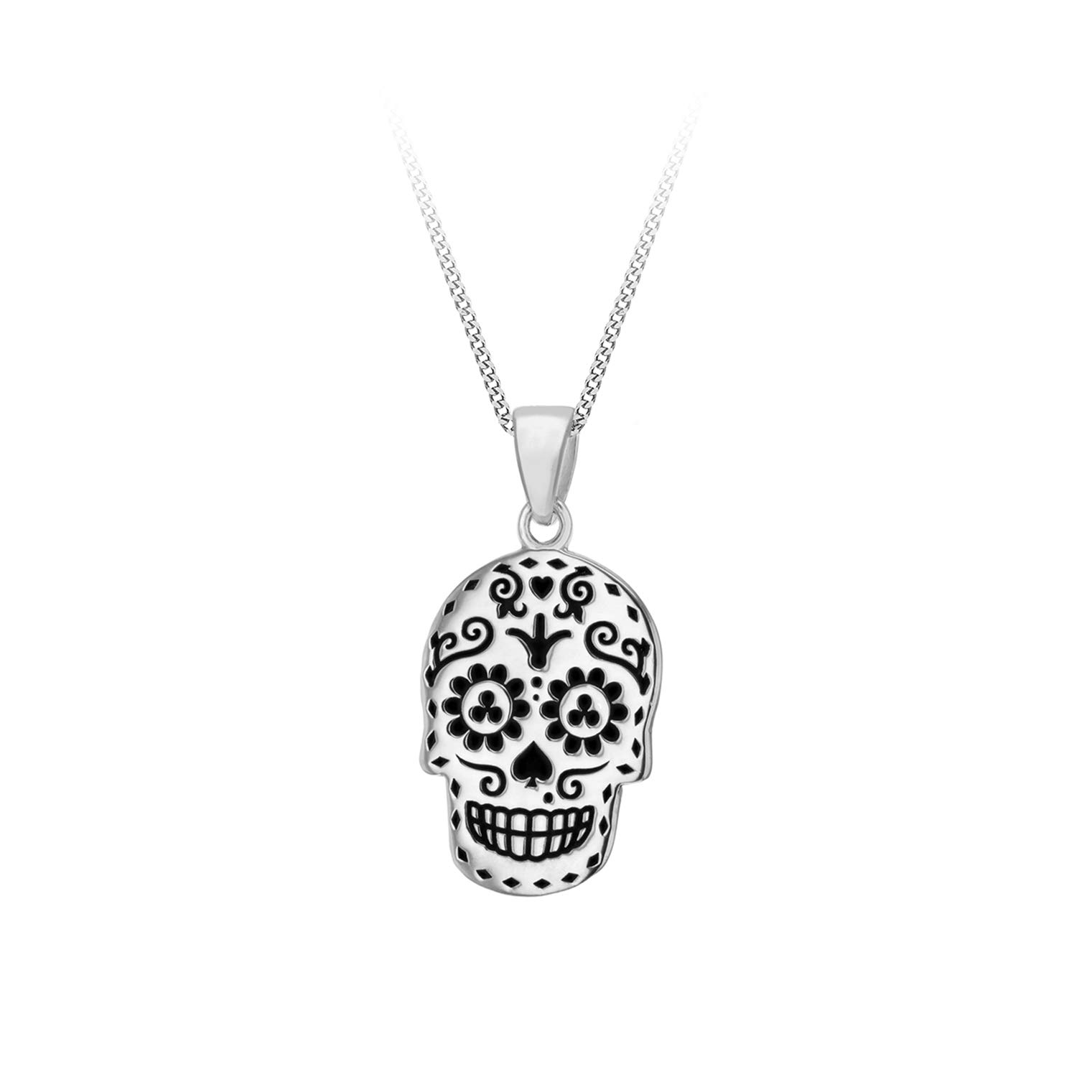 Tuscany Silver Women's Sterling Silver Oxidised 'Day of the Dead' Skull Pendant on Curb Chain - 46cm/18