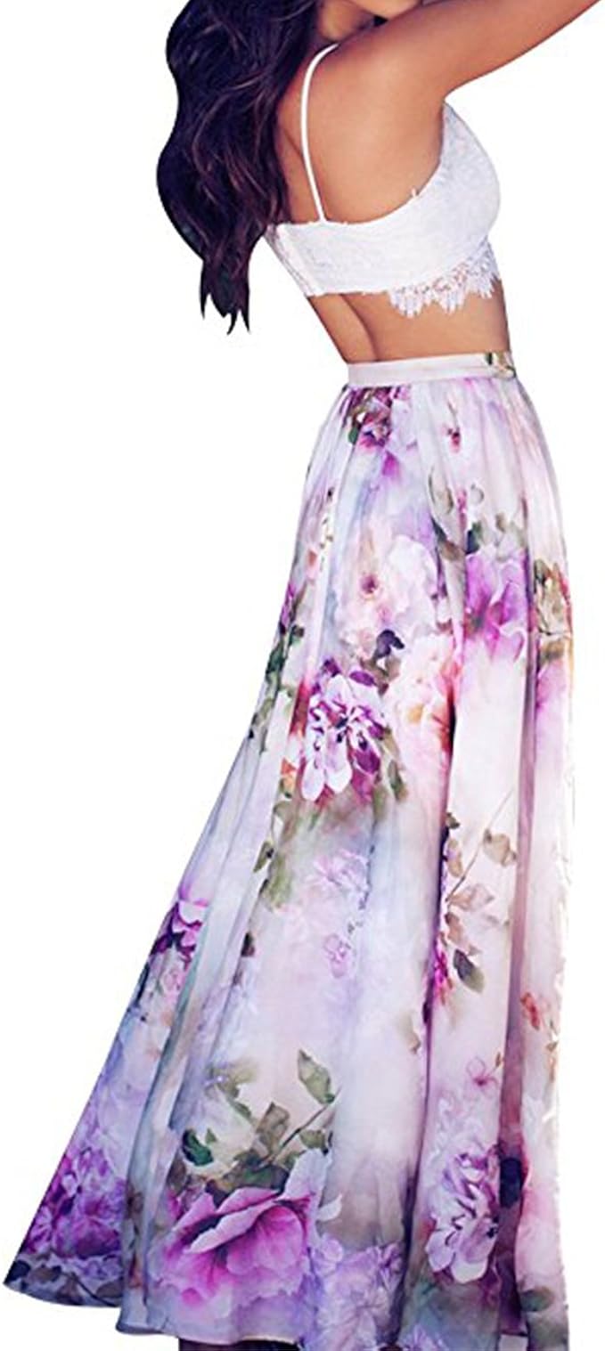 Summer Skirts Womens Floral Print Chiffon Beach Skirts Pleated Long