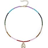 BriLove Beaded Initial Necklace for Women, Fashion Letter Pendant Rainbow Gemstone Strand Choker Colorful Handmade Necklaces for Summer Beach Jewelry
