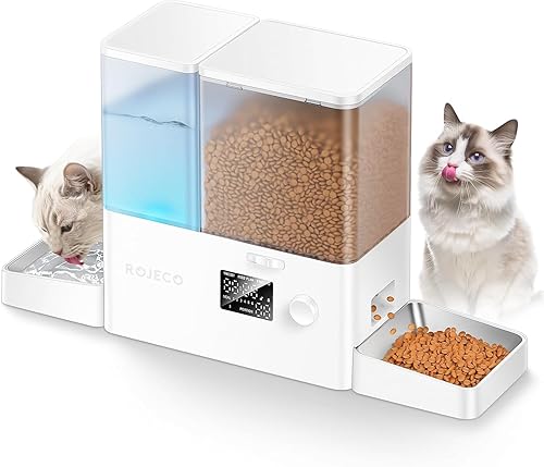 Automatic Cat Feeder, 2-in-1 Pet Feeder with Timer, Large Capacity Cat Food Dispenser with 5L Food Feeder and 3.5L Water Fountain, Stainless Steel Bowl, Knob Control Automatic Feeders for Cats Dogs