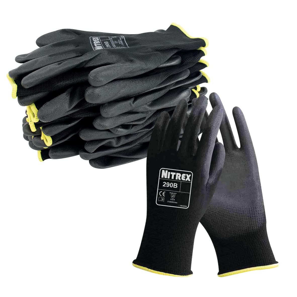 NITREX 290B Work and Safety Gloves, 10 Pairs of Black General Handling Gloves with PU Palm Coating, Size 7, Small — image 1