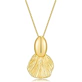 FILMOON Gold Pendant Necklace for Women- Shell Fan-shape, 14K Gold Plated Textured Statement Leaf Jewelry