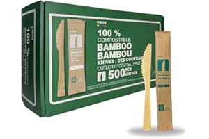 KIBON Bamboo Knives, 500 Individually Wrapped Disposable Knives, Biodegradable Packaging, Sturdy, Eco-Friendly, Heat-Resistan