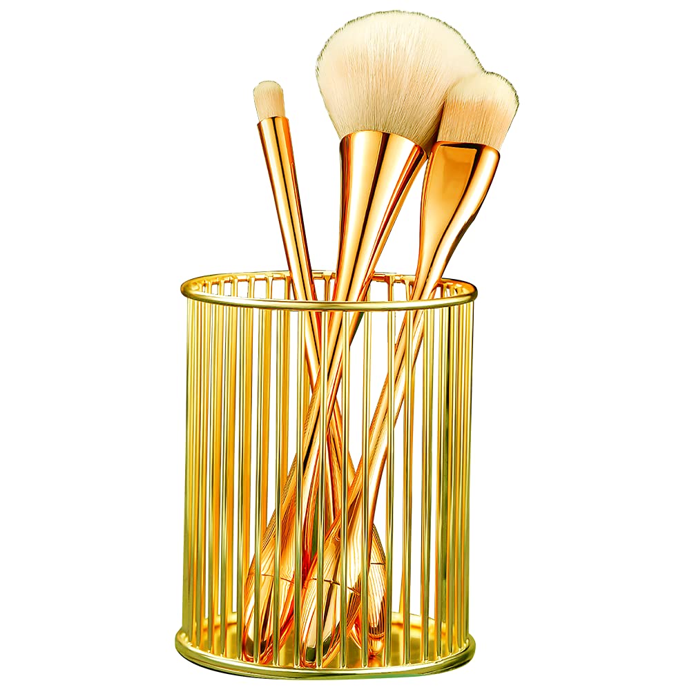 Multi-Use Metal Pencil Holder Cylindrical Pen Stand Makeup Brush Storage Cup Desk Organizer Pot for Office & Home(Gold)