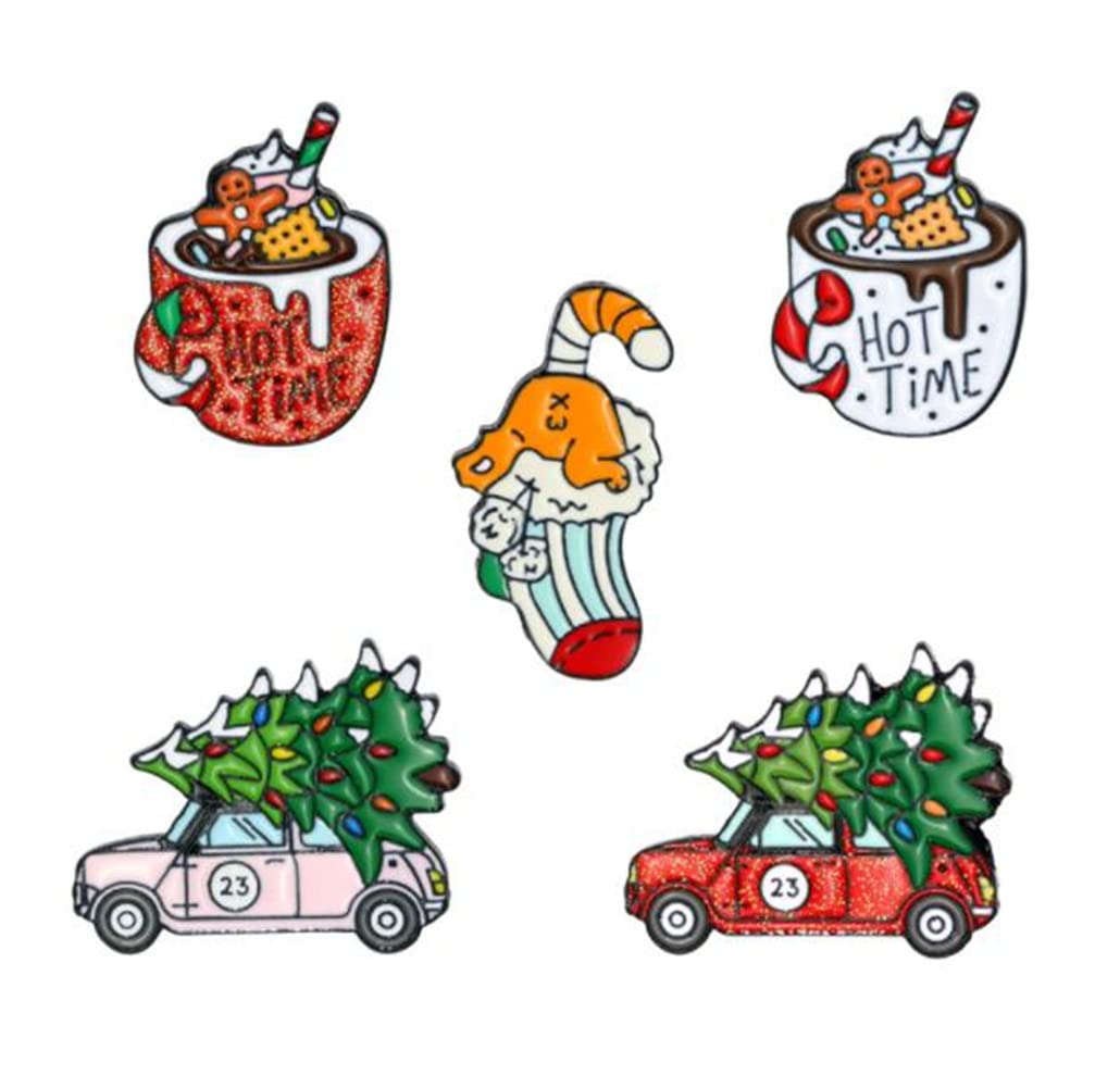 5 PCS Cute Enamel Lapel Pin Set Carton Brooch Pin Xmas Brooch Enamel Pin Hot Time Coffee Cup Brooch Car with Christmas Tree Brooches for Friends Kids Holiday Xmas Gift