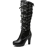 NIGXWNS Lace Punk Knee High Boots for Women Back Zipper High-Heeled Combat Boots Buckle Block Heel Lace-up Black Goth Boots