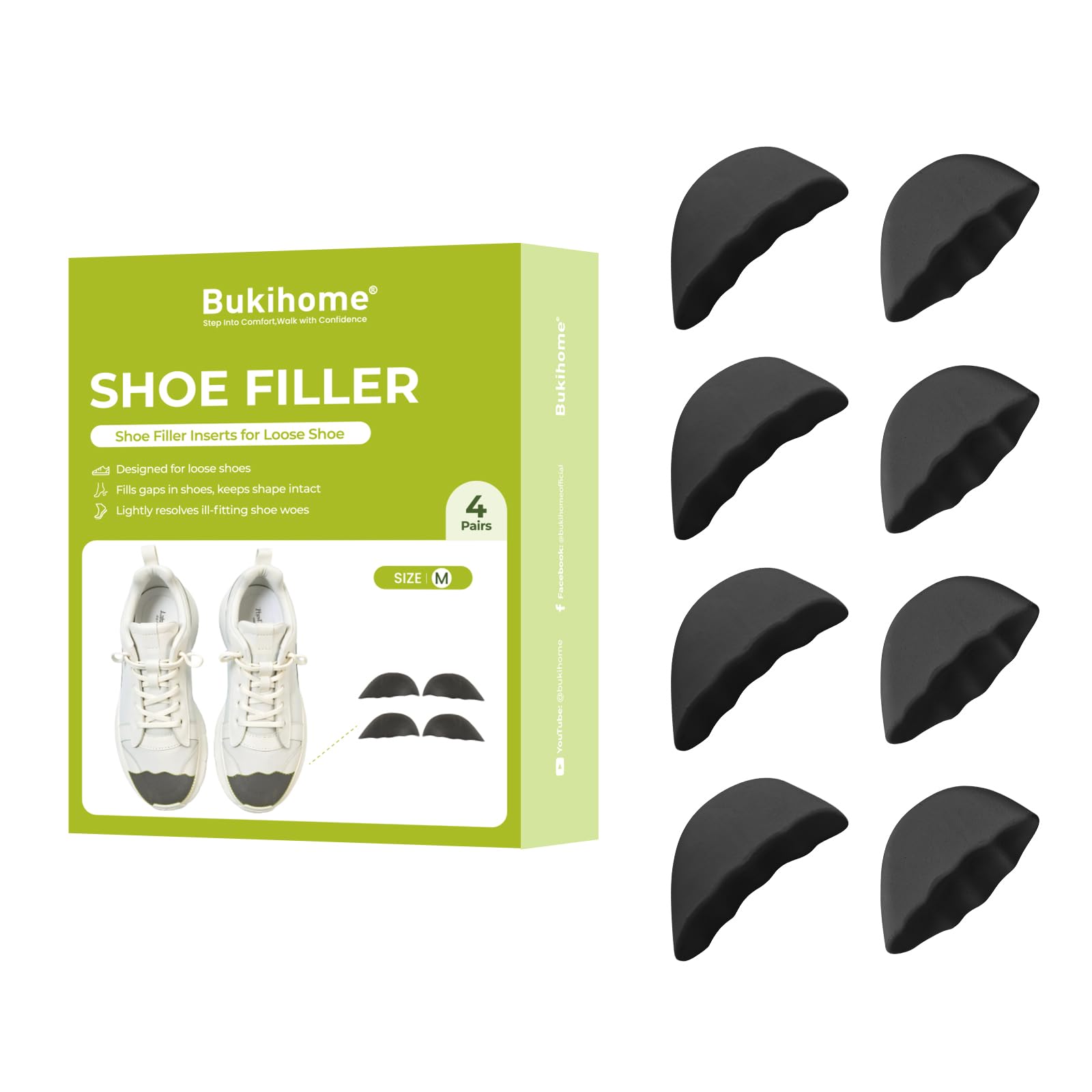 Photo 1 of Bukihome Shoe Filler Insert - 4 Pairs Shoe Filler for Too Big Shoes, Heel Cushions for Women, Toe Inserts, Size Reducer Make Shoes Fit, Cushions for Women, Black, M