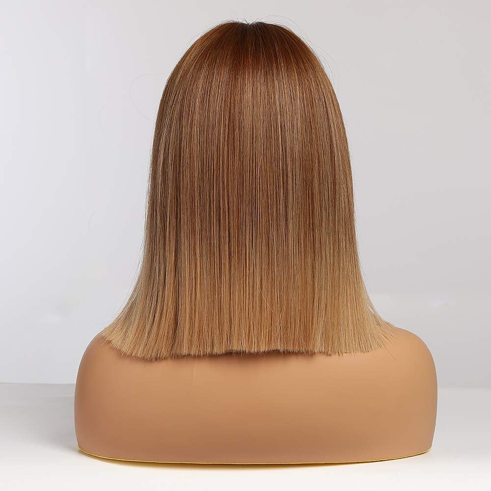 EMMOR Ombre Brown Bob Wigs With Bangs - Heat Resistant Synthetic Wigs, Ombre Brown Gold, 2 Piece Set - Image 5