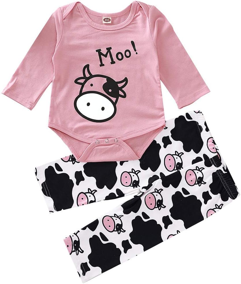 Lankcook Rompers Newborn Infant Baby Girls Lovely Cartoon Cow Print Romper +Pants Outfits Autumn Winter