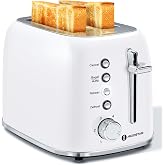 Aigostar Retro 2 Slice Toaster, Stainless Steel, White | 1.6 Inch Extra Wide Slots, Bagel Function, Cancel &amp; Defrost, 6 Shade Settings, Removable Crumb Tray