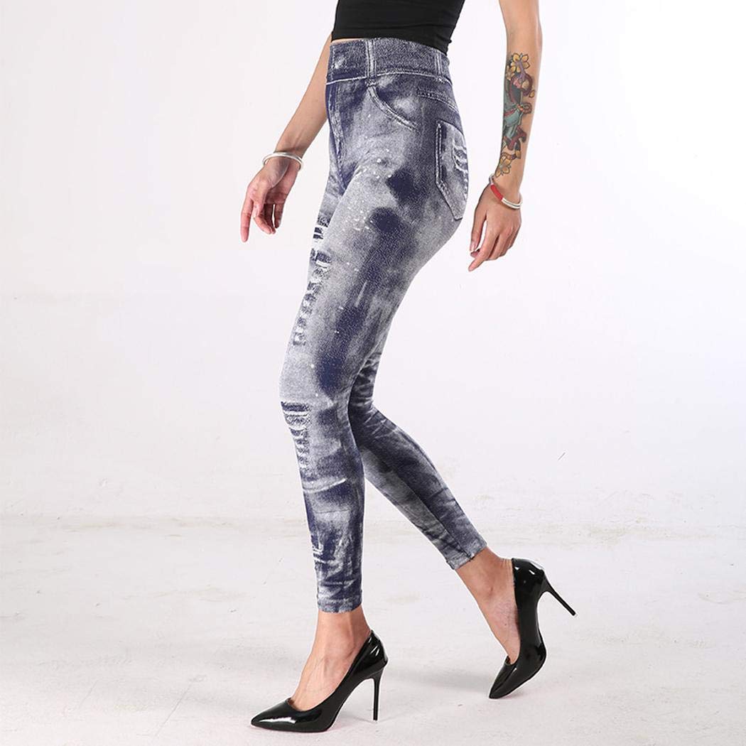 milene88 Women Fashion Print Long Straight Skinny Pants High Waisted Yoga Leggings Leggings Navy Blue