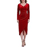 Melynnco Women's Velvet Dress Long Sleeve Wrap V-Neck Elegant Cocktail Party Fall Midi Dress for Wedding Guest