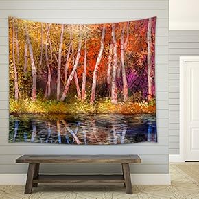 Oil Painting Landscape - Colorful Autumn Trees. Semi Abstract Image of Forest - Fabric Wall Tapestry Home Decor - 51x60 inches